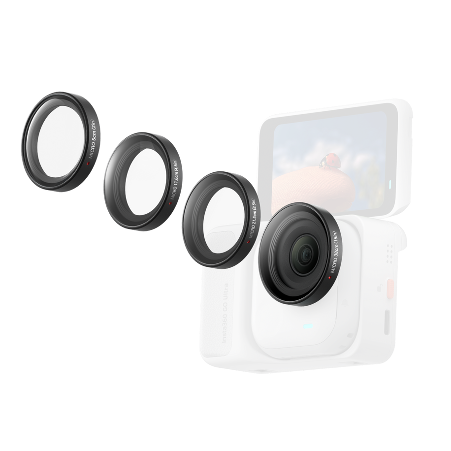 Insta360 GO Ultra Micro Lens Kit — Hero render, four lenses with GO Ultra