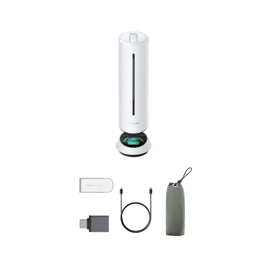 insta360 wave — White on dock plus in-box accessories