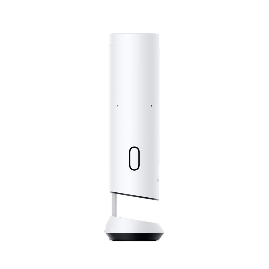 insta360 wave — White tilted on desk stand, 3/4