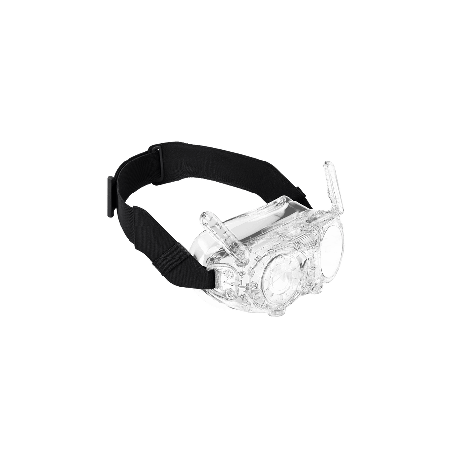 antigravity vision head strap — Strap fitted on Vision goggles, 3/4 view