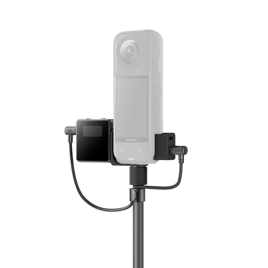 suport prindere insta360 x3 x2 cold shoe — Dual-mount setup on selfie stick