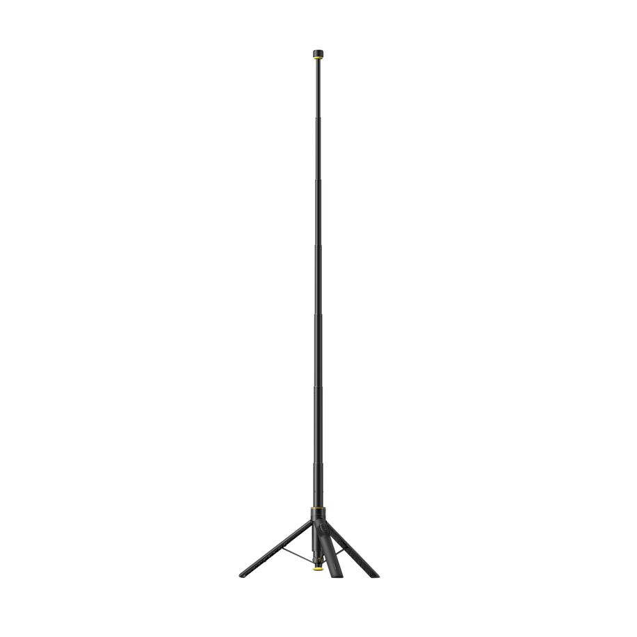 Insta360 2-in-1 Selfie Stick + Throwpod — Hero render, fully extended with tripod legs