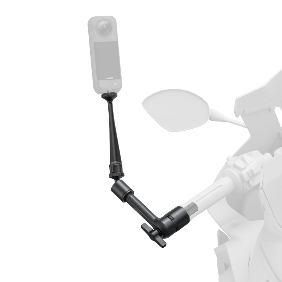 Insta360 Motorcycle Magic Arm — Hero render, arm on handlebar