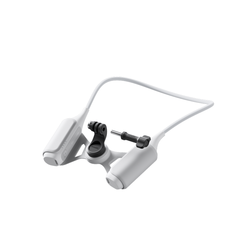 Insta360 FOMO Power Neck Mount — Angled render showing mount screw and battery pods