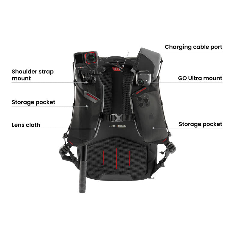 Insta360 Explorer Backpack — functii pe bretele