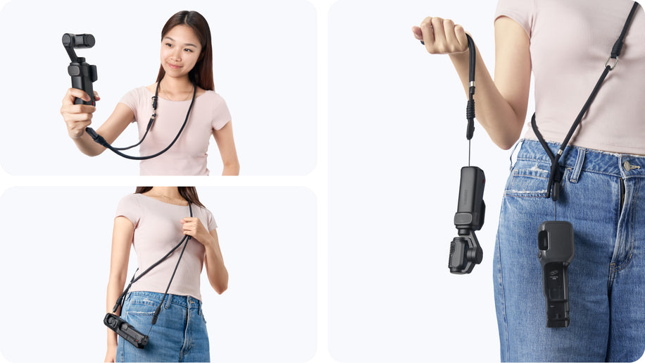 Insta360 Crossbody Strap — Curea de Umăr — Usage collage, three carrying styles