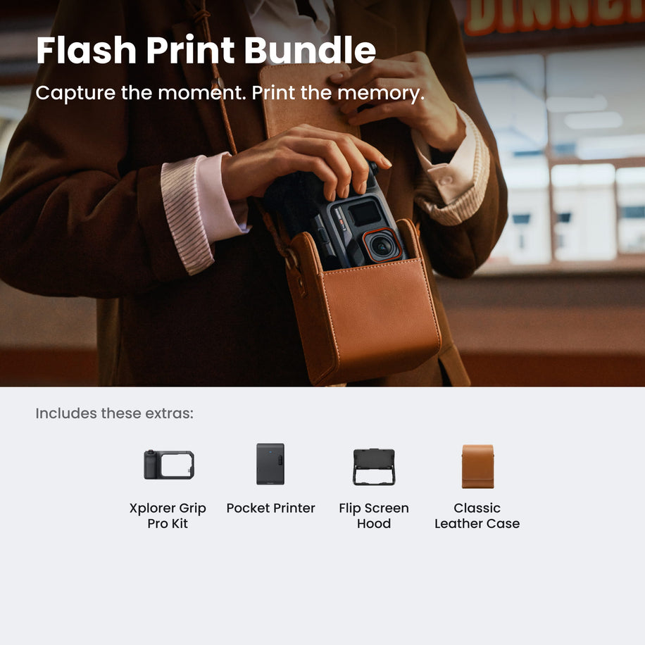 Insta360 Ace Pro 2 Flash Print Bundle — hero cu geanta piele si Pocket Printer