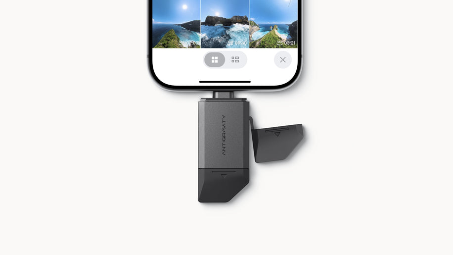 Antigravity Quick Reader — Reader plugged into iPhone, footage gallery
