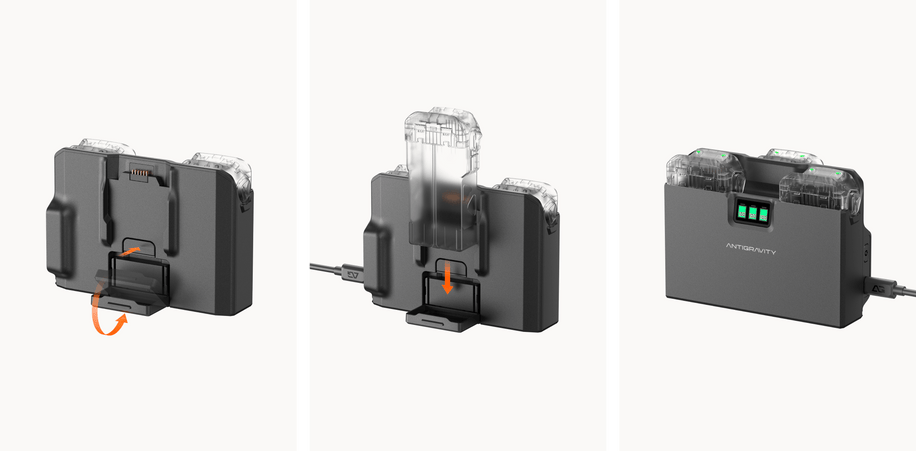 Antigravity A1 Charging Hub — Unfold, insert battery, charging steps