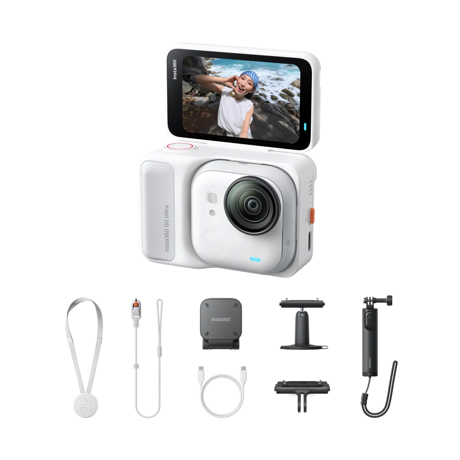 Insta360 GO Ultra Creator Bundle Arctic White — cameră albă + accesorii Creator (selfie stick, carry case, cabluri, extra pod)