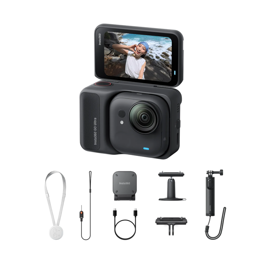 Insta360 GO Ultra Creator Bundle Midnight Black — cameră neagră + accesorii Creator (selfie stick, carry case, cabluri, extra pod)