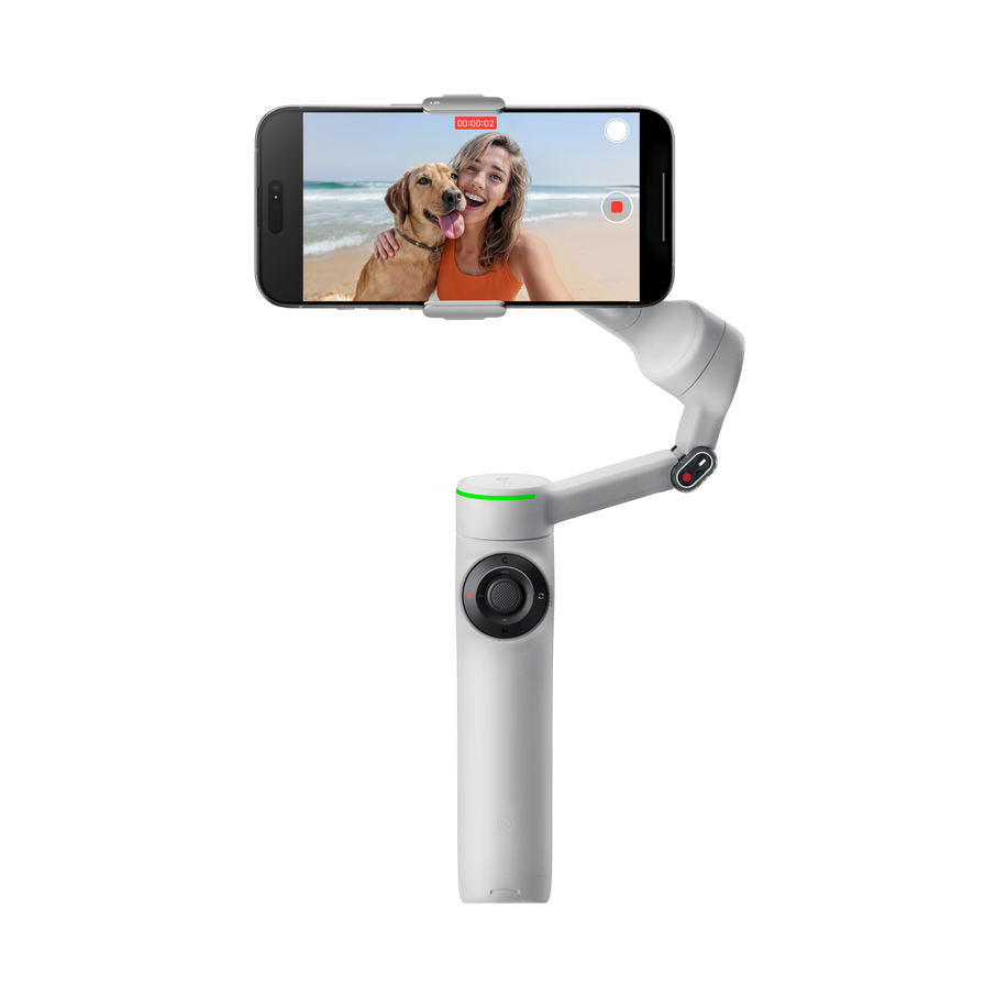 insta360 flow2 pro — Stone Gray hero, phone mounted, tripod out