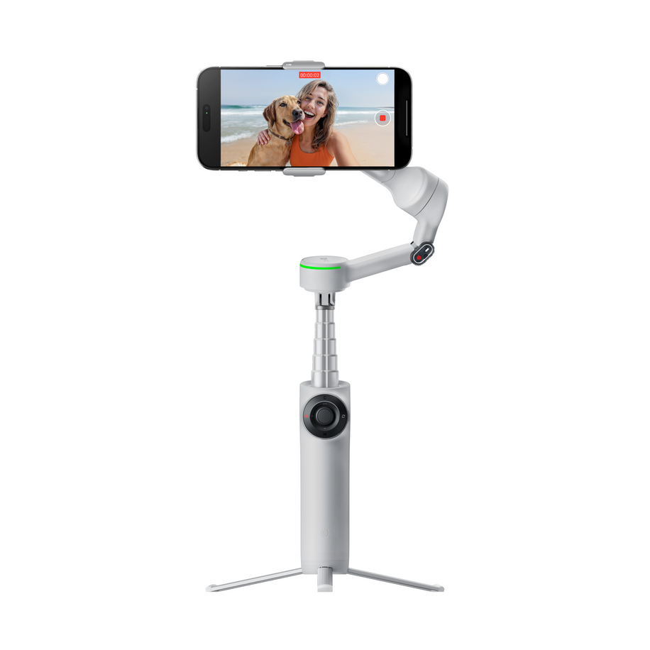 insta360 flow2 pro — Stone Gray on metal tripod, phone landscape